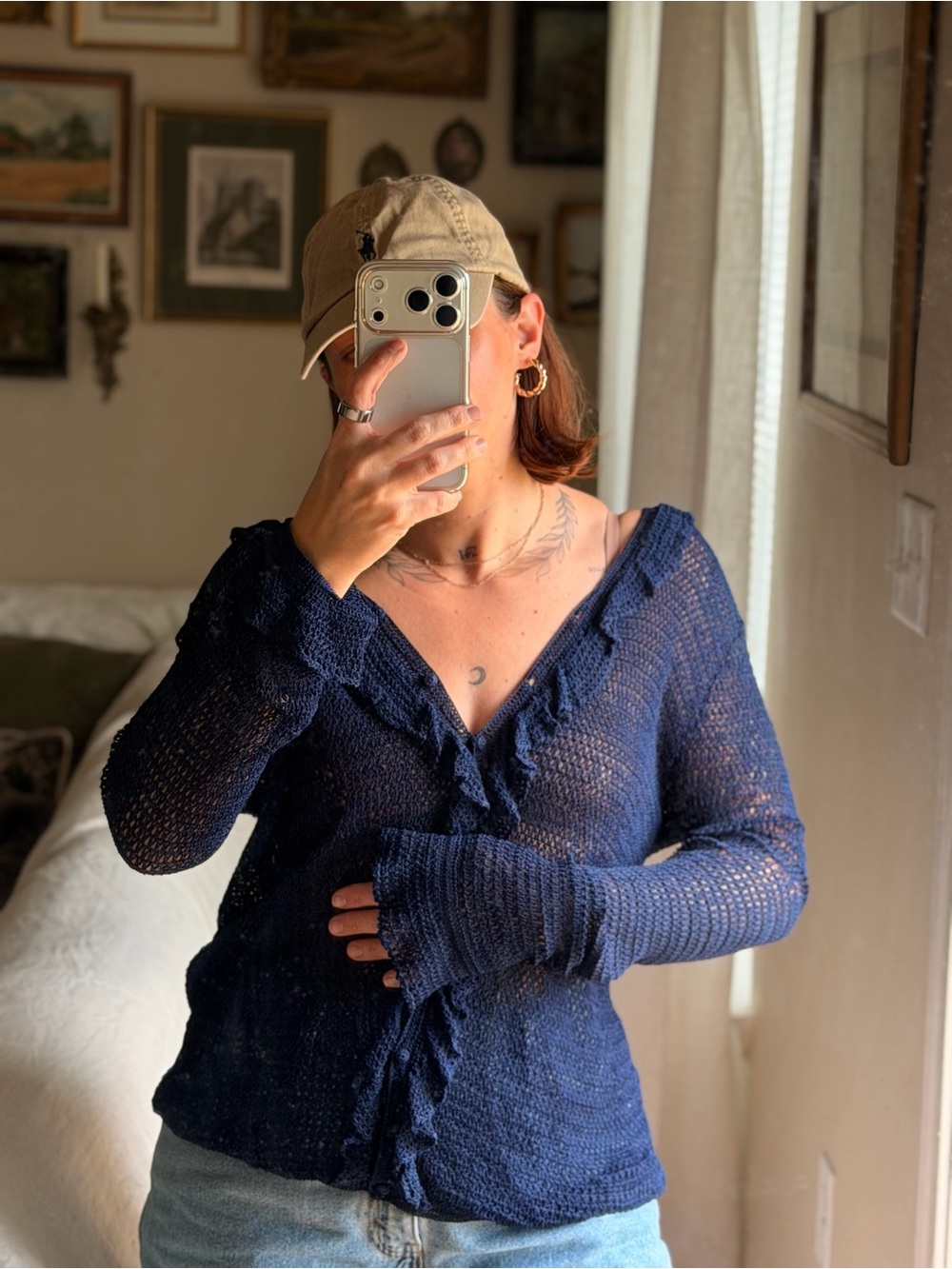 Vintage Lauren Ralph Lauren Navy Ruffle Open Crochet Knit Cardigan L